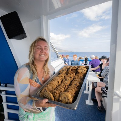 a person holding a tray of food