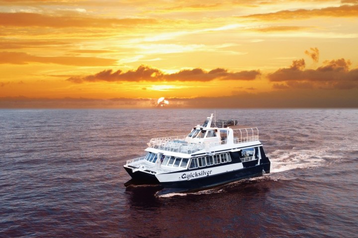 sunset dinner cruise with a close up of a boat next to a body of water and sunset in background